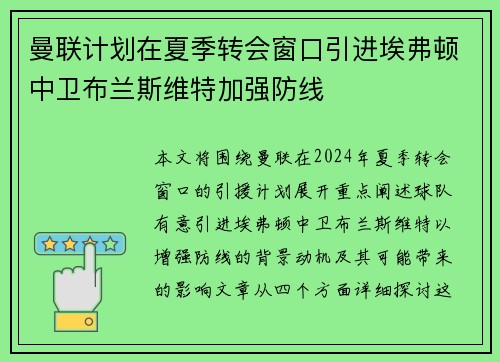曼联计划在夏季转会窗口引进埃弗顿中卫布兰斯维特加强防线 曼联计划在夏季转会窗口引进埃弗顿中卫布兰斯维特加强防线