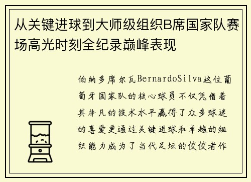 从关键进球到大师级组织B席国家队赛场高光时刻全纪录巅峰表现 从关键进球到大师级组织B席国家队赛场高光时刻全纪录巅峰表现